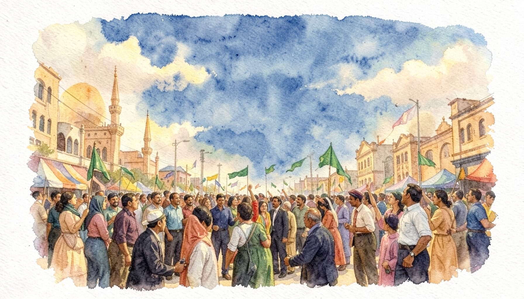 Blødt akvarelmaleri af en forsamling under åben himmel i Karachi, varme gyldne og sandfarvede toner med antydninger af grønne flag, en stemningsfuld politisk festdag