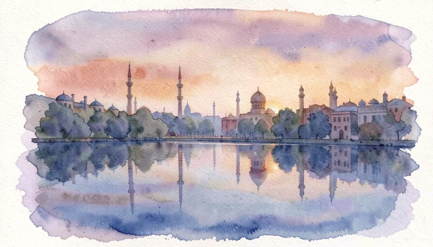 Blødt akvarelmaleri i dæmpede jordfarver af en pakistansk bysilhuet i skumringen, med minareter og kupler der spejler sig i et stille vand, himlen i varme okker- og lavendeltoner.